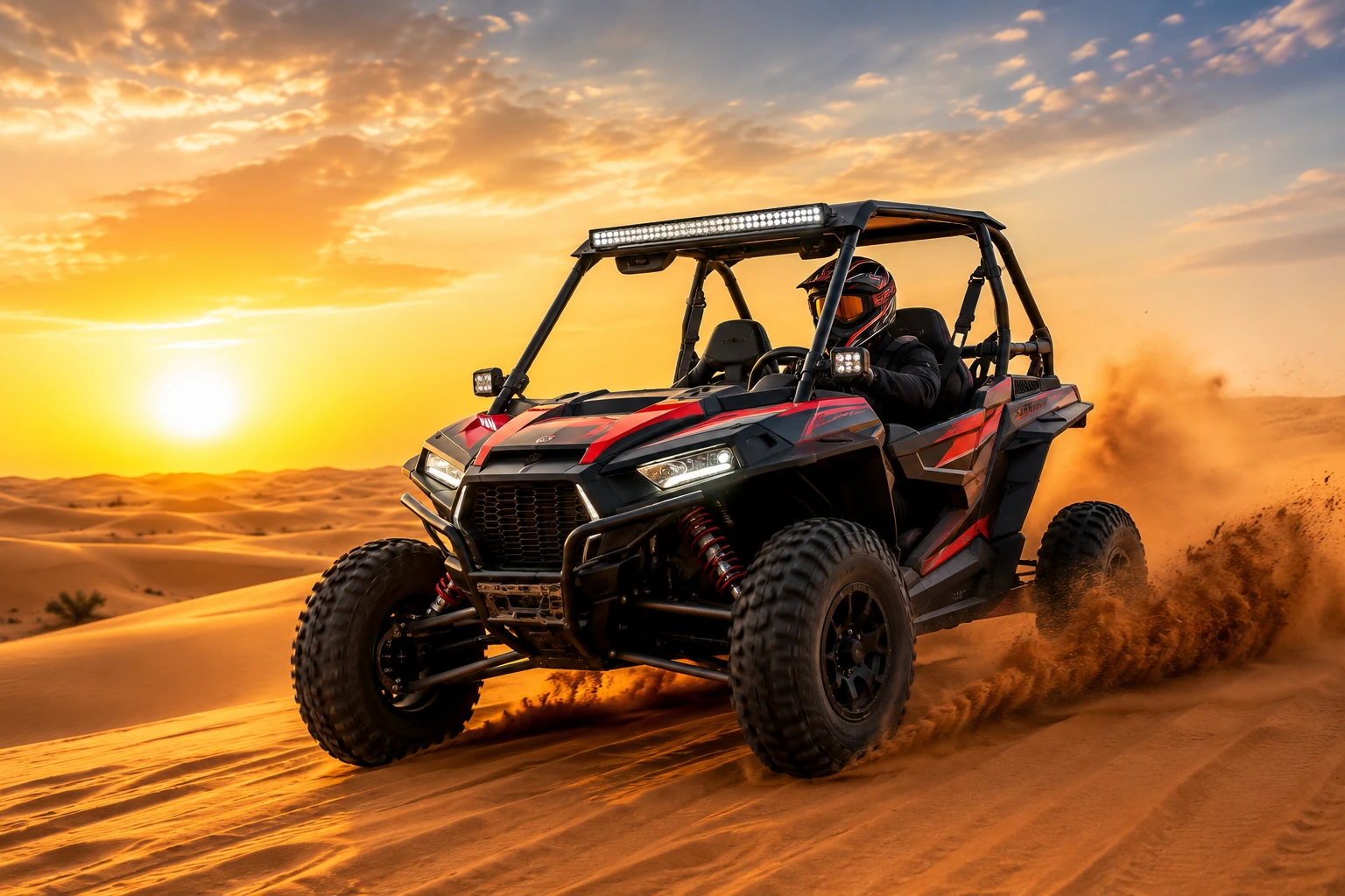 Dubai desert buggy rental driving across golden sand dunes