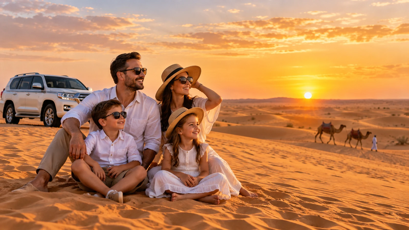 Dubai family vacation package with parents and children enjoying a desert safari at sunset